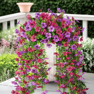 Artificial Hanging Flowers Plants for Outdoor Spring Summer Decoration, 2PCS Faux Silk Daisy UV Resistant Look Real for Outside Home Indoor Planter Porch Garden Yard Decor(Light Purple Red)