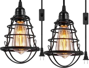 Asnxcju Industrial Plug in Pendant Light Vintage Hanging Cage Pendant Lighting E26 E27 Mini Pendant Light Edison Plug in Light Fixture On/Off Switch 2 Pack