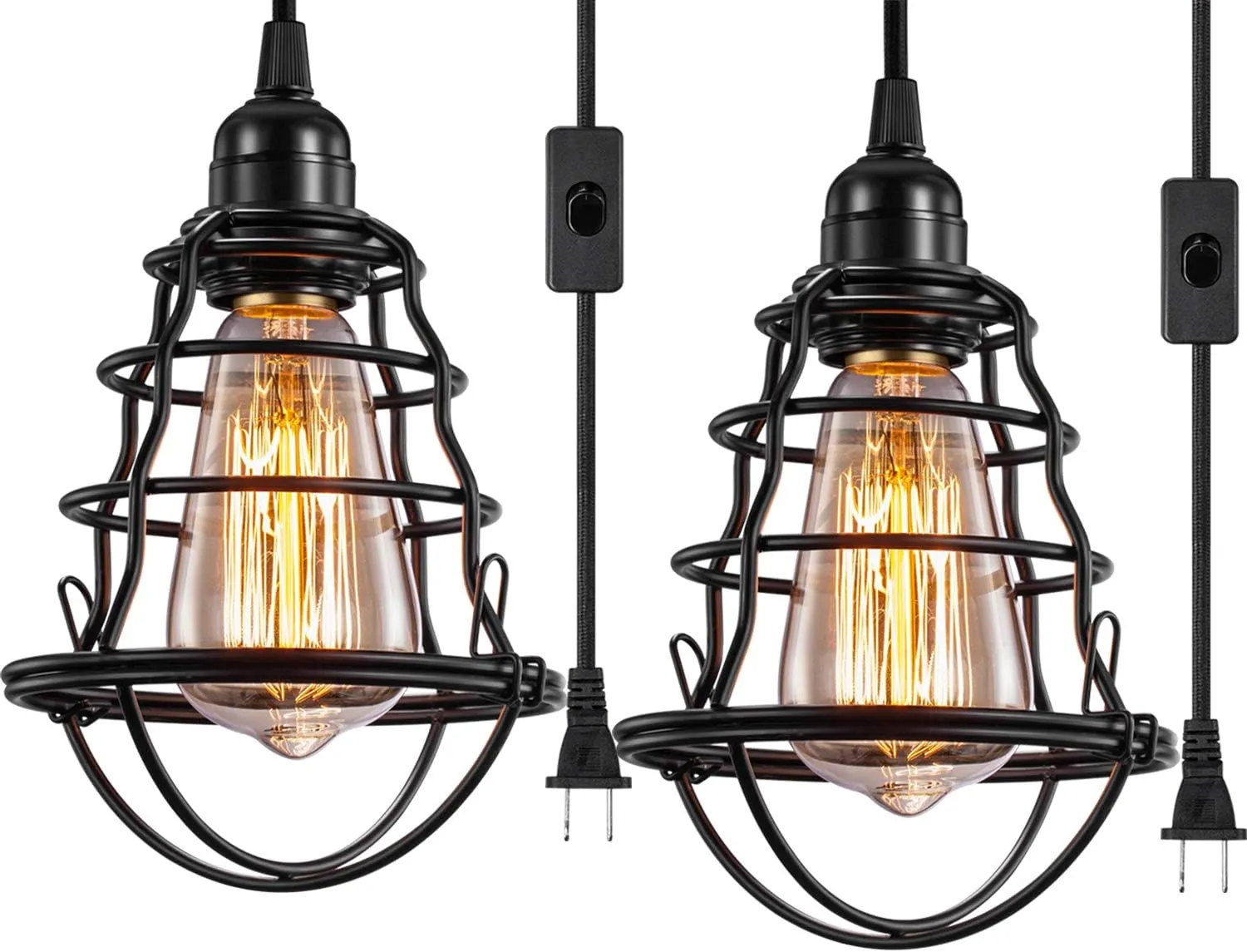 Asnxcju Industrial Plug in Pendant Light Vintage Hanging Cage Pendant Lighting E26 E27 Mini Pendant Light Edison Plug in Light Fixture On/Off Switch 2 Pack