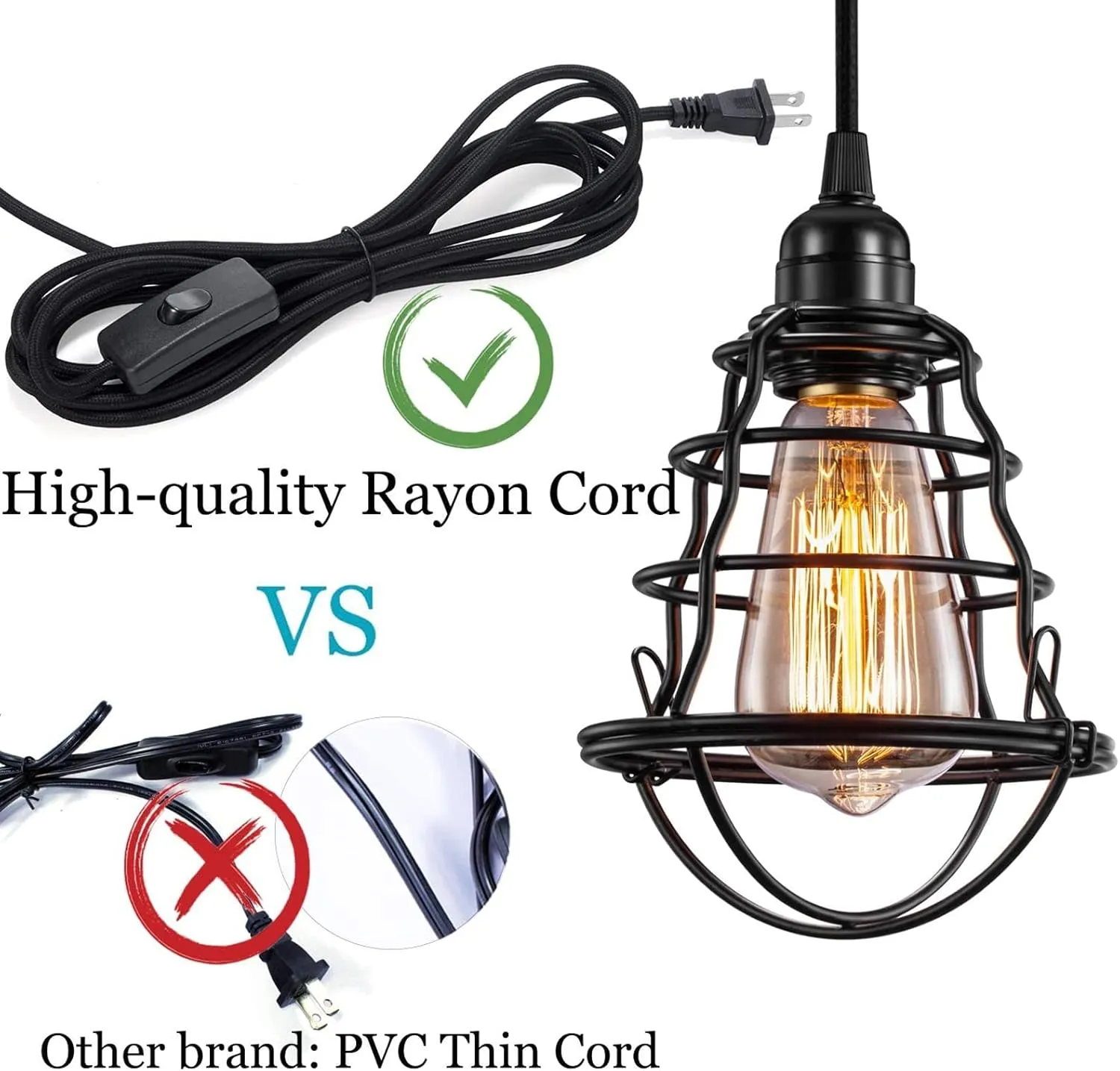 Asnxcju Industrial Plug in Pendant Light Vintage Hanging Cage Pendant Lighting E26 E27 Mini Pendant Light Edison Plug in Light Fixture On/Off Switch 2 Pack