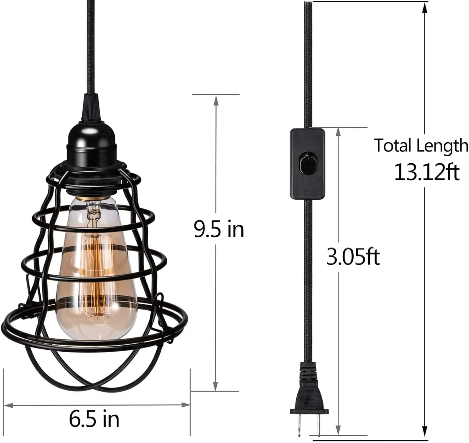 Asnxcju Industrial Plug in Pendant Light Vintage Hanging Cage Pendant Lighting E26 E27 Mini Pendant Light Edison Plug in Light Fixture On/Off Switch 2 Pack