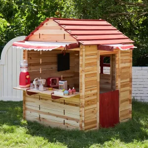 Asweets Kids Wooden Playhouse, No Screws No Tools, Criss-Cross Wooden Playhouse, Outdoor and Indoor Pretend Play Games for Toddlers 3  Years Old, with Flowers Pot Holder, Red Double Slope