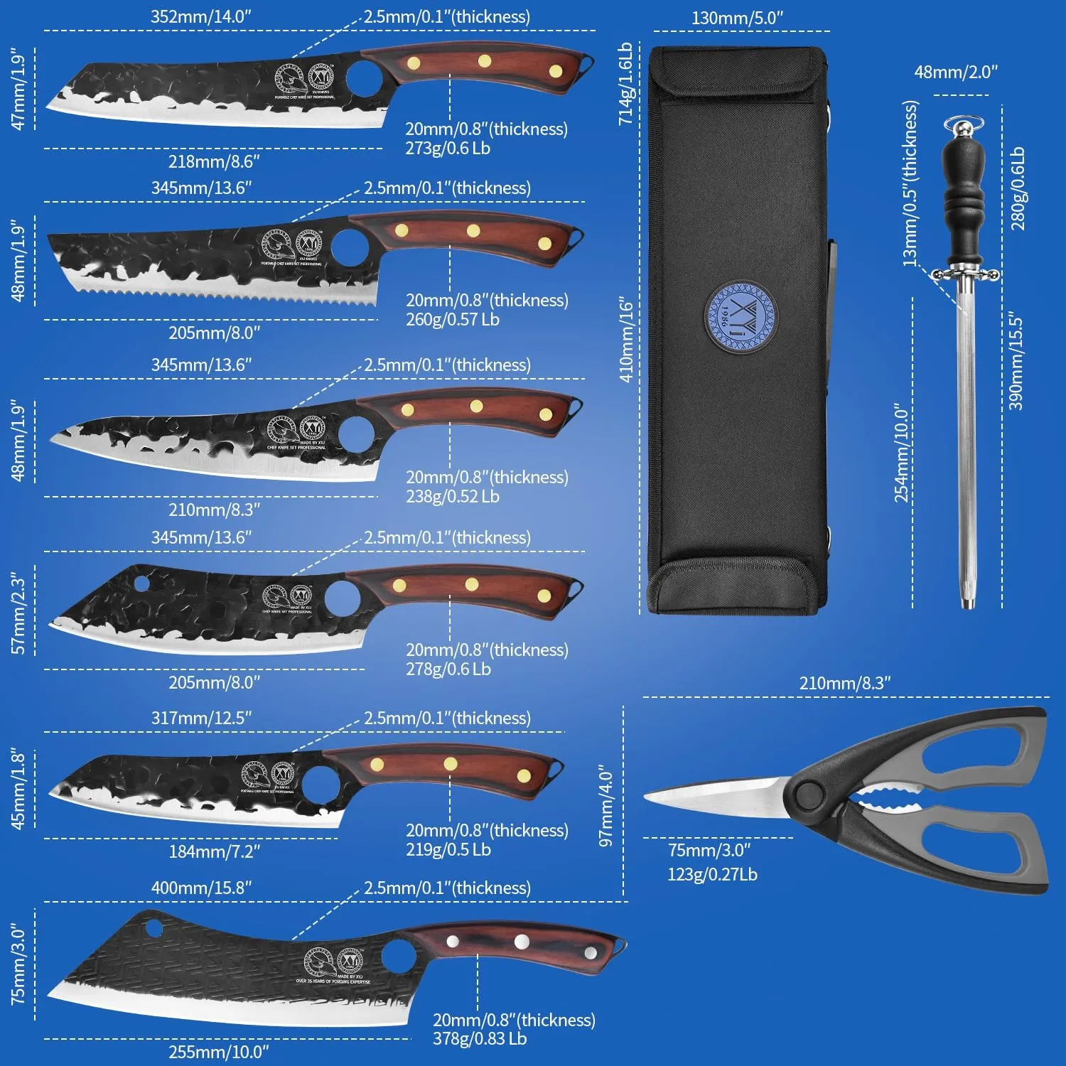 Authentic XYJ Since 1986, Forged Kitchen Knife Set, High Carbon Steel Cleavers, 5pcs Knives Set With Roll Bag, Bone Scissors, Honing Steel, Sharp For Chopping Meat Vegetable (11)