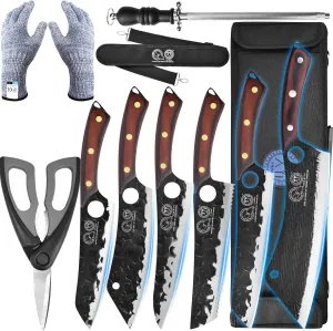 Authentic XYJ Since 1986, Forged Kitchen Knife Set, High Carbon Steel Cleavers, 5pcs Knives Set With Roll Bag, Bone Scissors, Honing Steel, Sharp For Chopping Meat Vegetable (11)