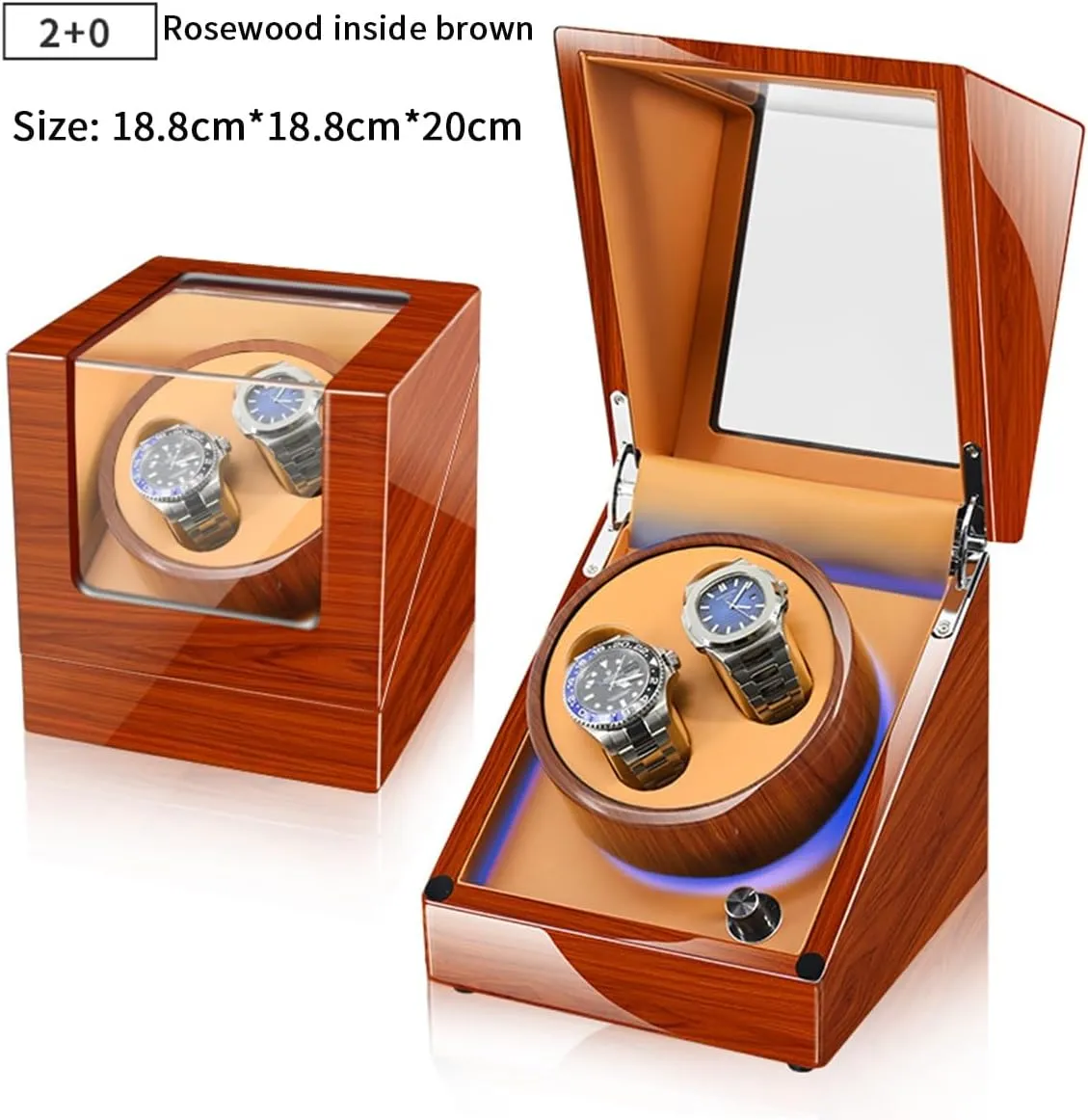 Automatic Watch Winder Direct Drive Motor 5 Different Settings LED Light with Super Quiet Motor Luxury Fiber Leather Storage Case (2 0 Brown A)