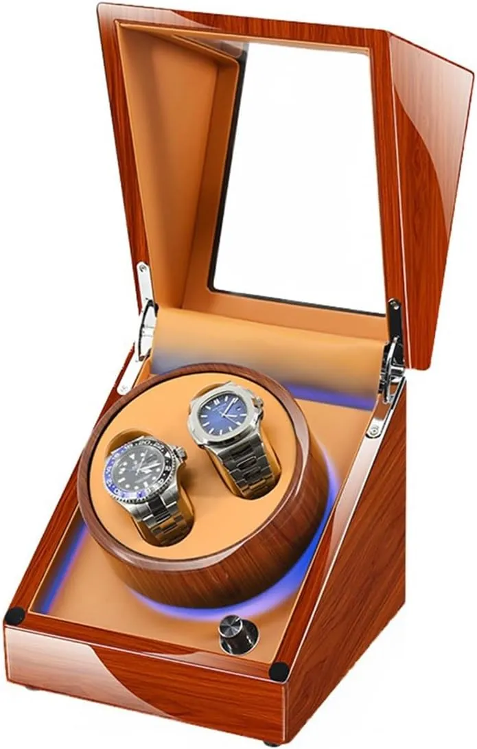 Automatic Watch Winder Direct Drive Motor 5 Different Settings LED Light with Super Quiet Motor Luxury Fiber Leather Storage Case (2 0 Brown A)