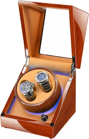 Automatic Watch Winder Direct Drive Motor 5 Different Settings LED Light with Super Quiet Motor Luxury Fiber Leather Storage Case (2 0 Brown A)