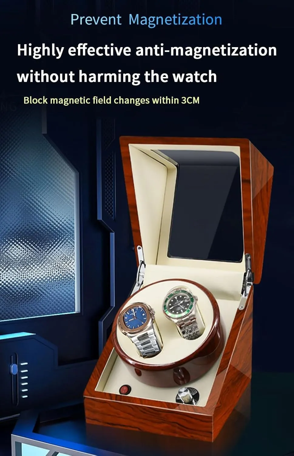 Automatic Watch Winder Direct Drive Motor 5 Different Settings LED Light with Super Quiet Motor Luxury Fiber Leather Storage Case