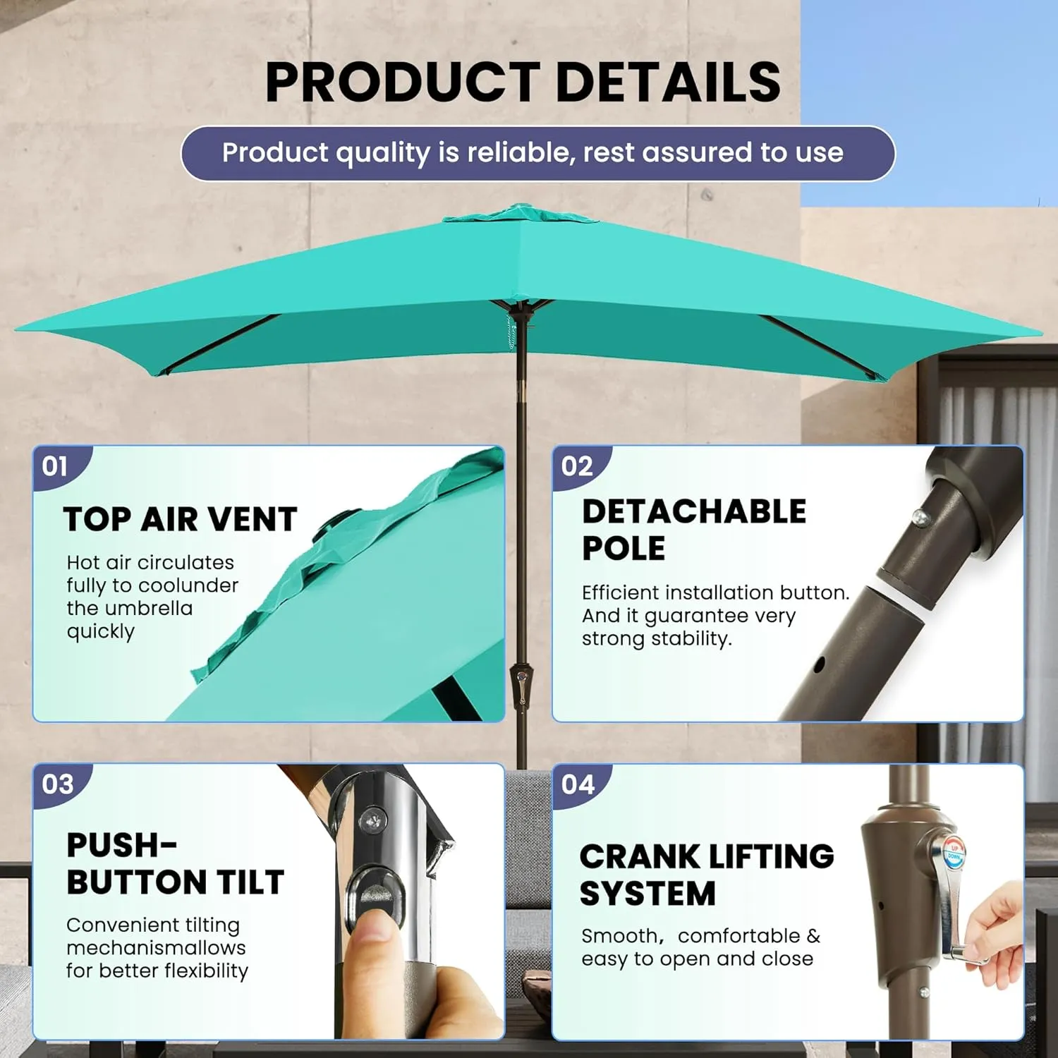 Ayge 6.5x10FT Rectangular Patio Umbrella Outdoor Table Umbrella w/Push Button Tilt & Crank Rectangle Market Umbrella UV Protection for Garden,Deck,Lawn,Yard & Pool