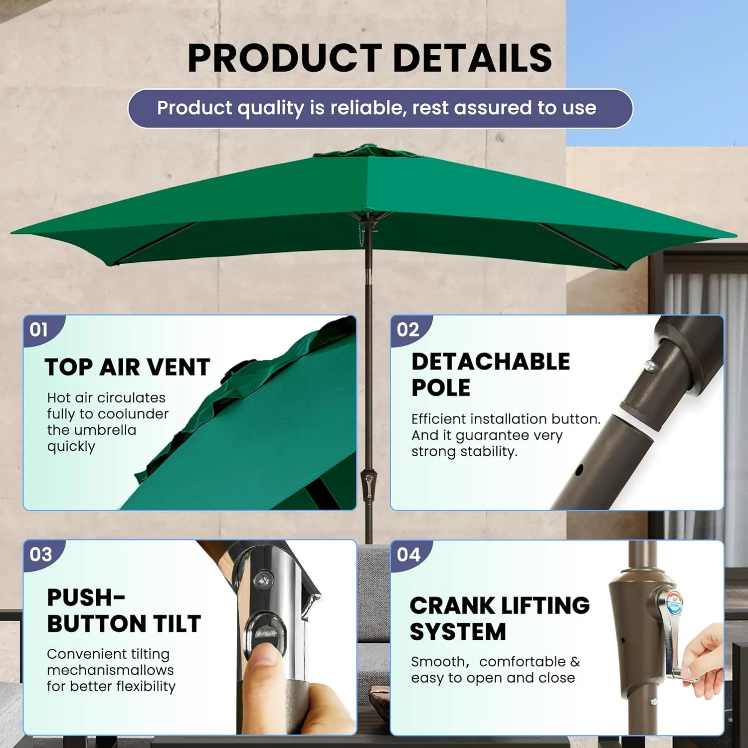 Ayge 6.5x10FT Rectangular Patio Umbrella Outdoor Table Umbrella w/Push Button Tilt & Crank Rectangle Market Umbrella UV Protection for Garden,Deck,Lawn,Yard & Pool