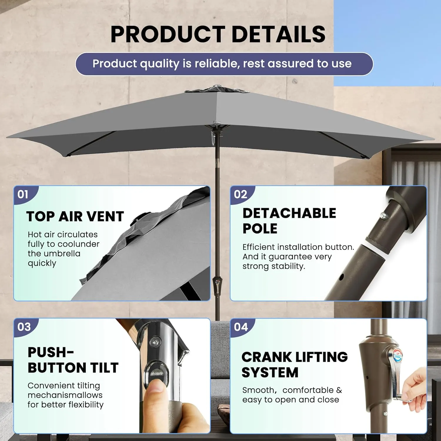 Ayge 6.5x10FT Rectangular Patio Umbrella Outdoor Table Umbrella w/Push Button Tilt & Crank Rectangle Market Umbrella UV Protection for Garden,Deck,Lawn,Yard & Pool