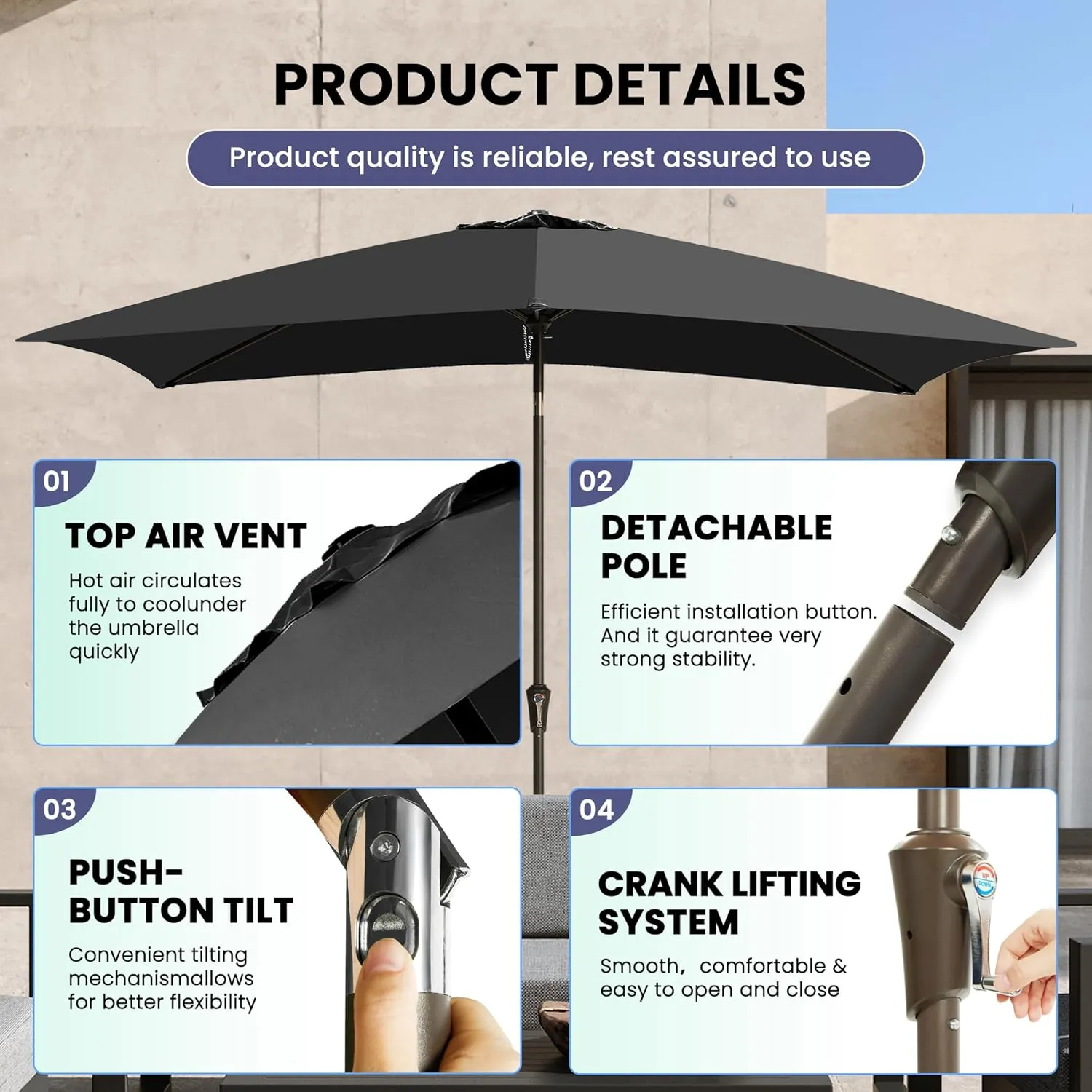 Ayge 6.5x10FT Rectangular Patio Umbrella Outdoor Table Umbrella w/Push Button Tilt & Crank Rectangle Market Umbrella UV Protection for Garden,Deck,Lawn,Yard & Pool