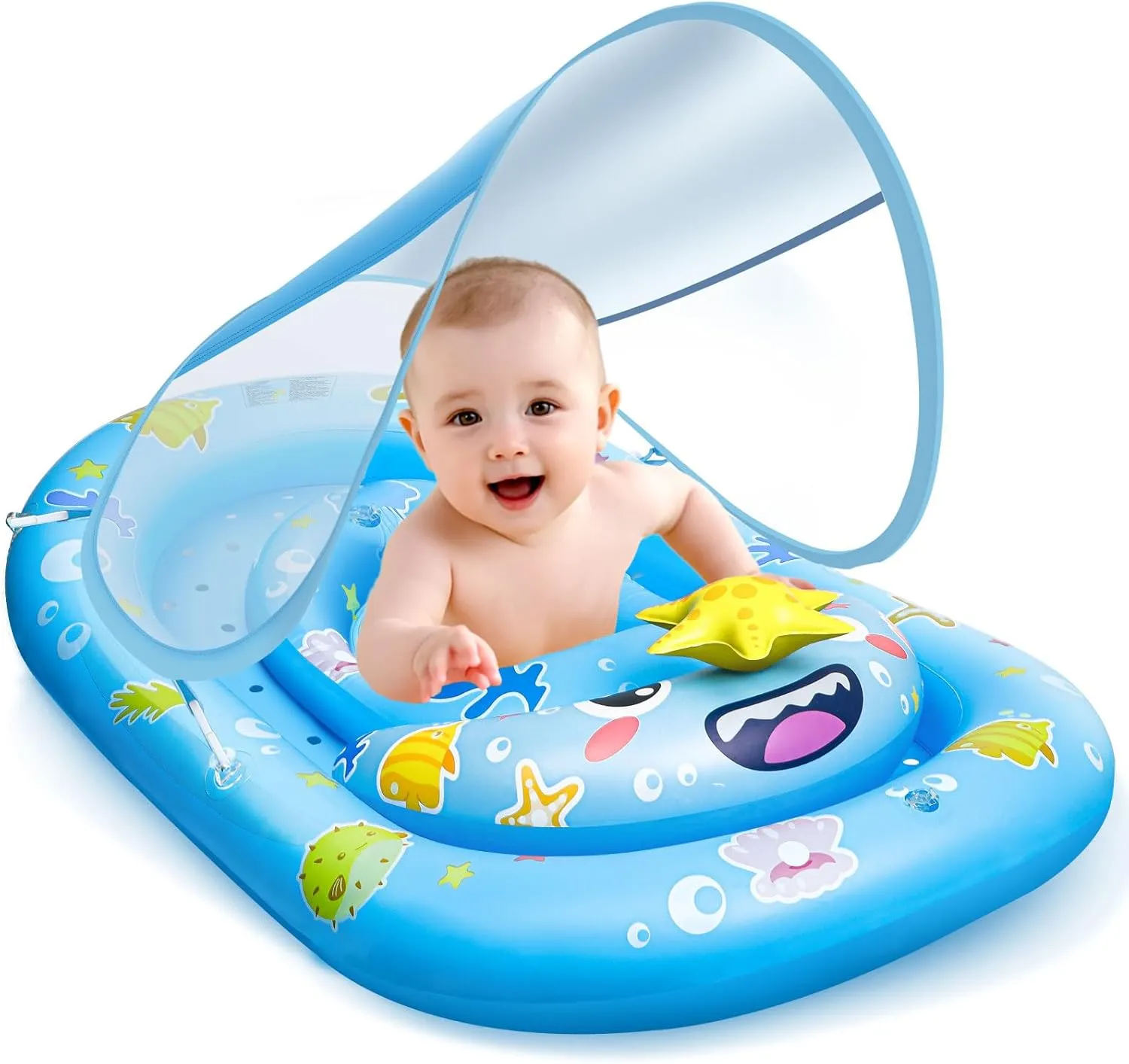 Baby Pool Float with Canopy, Inflatable Kids Pool Floats with Adjustable Safety Seat Sun Protection Baby floaties for 6-36 Months Kids Kiddie Toddlers Boys Girls Swimming (Blue)