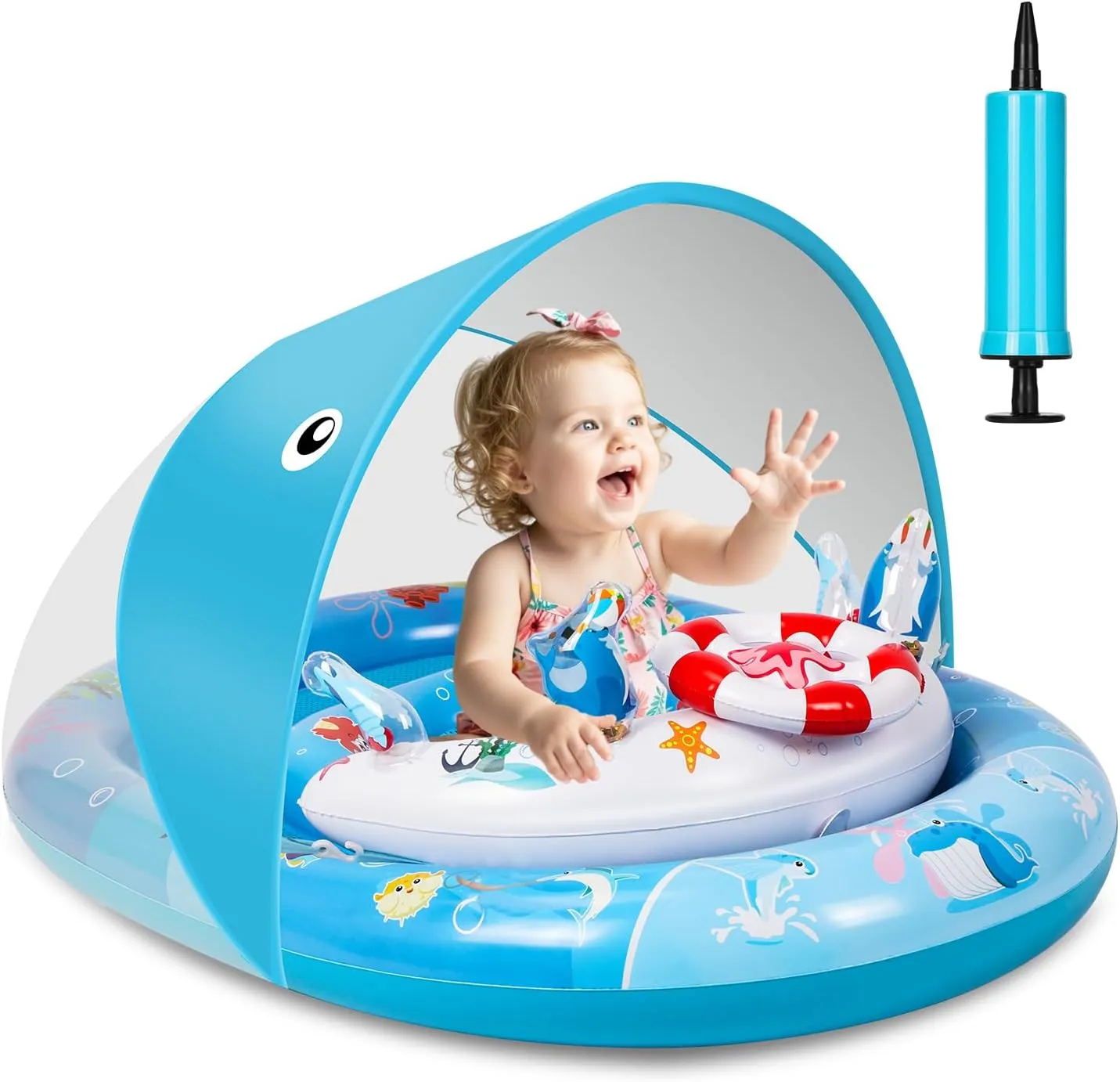 Baby Pool Float with Canopy UPF50  Protection, Baby Swim Float with Adjustable Safety Seat, Inflatable Baby Float with Ocean Animal Toys for Infant Toddler 6 12 24 36 Months