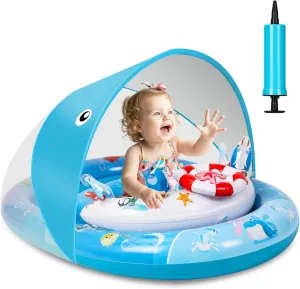 Baby Pool Float with Canopy UPF50  Protection, Baby Swim Float with Adjustable Safety Seat, Inflatable Baby Float with Ocean Animal Toys for Infant Toddler 6 12 24 36 Months