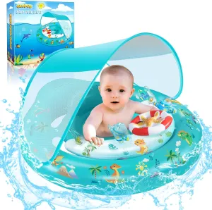 Baby Pool Float with Canopy UPF50  Sun Protection, Inflatable Kids Pool Floats with Toy Play Console for Baby 6-36 Months, Infant Swimming Float with Adjustable Safety Seat for Boys Girls