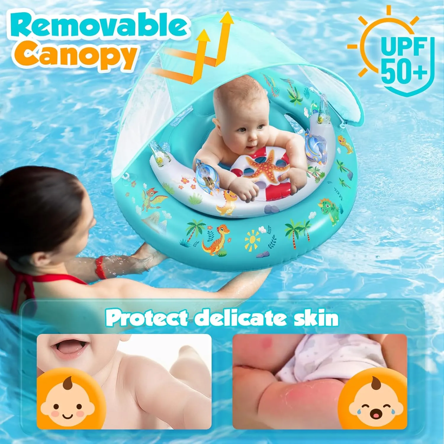 Baby Pool Float with Canopy UPF50  Sun Protection, Inflatable Kids Pool Floats with Toy Play Console for Baby 6-36 Months, Infant Swimming Float with Adjustable Safety Seat for Boys Girls