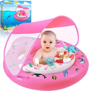 Baby Pool Float with Canopy UPF50  Sun Protection, Inflatable Kids Pool Floats with Toy Play Console for Baby 6-36 Months, Infant Swimming Float with Adjustable Safety Seat for Boys Girls