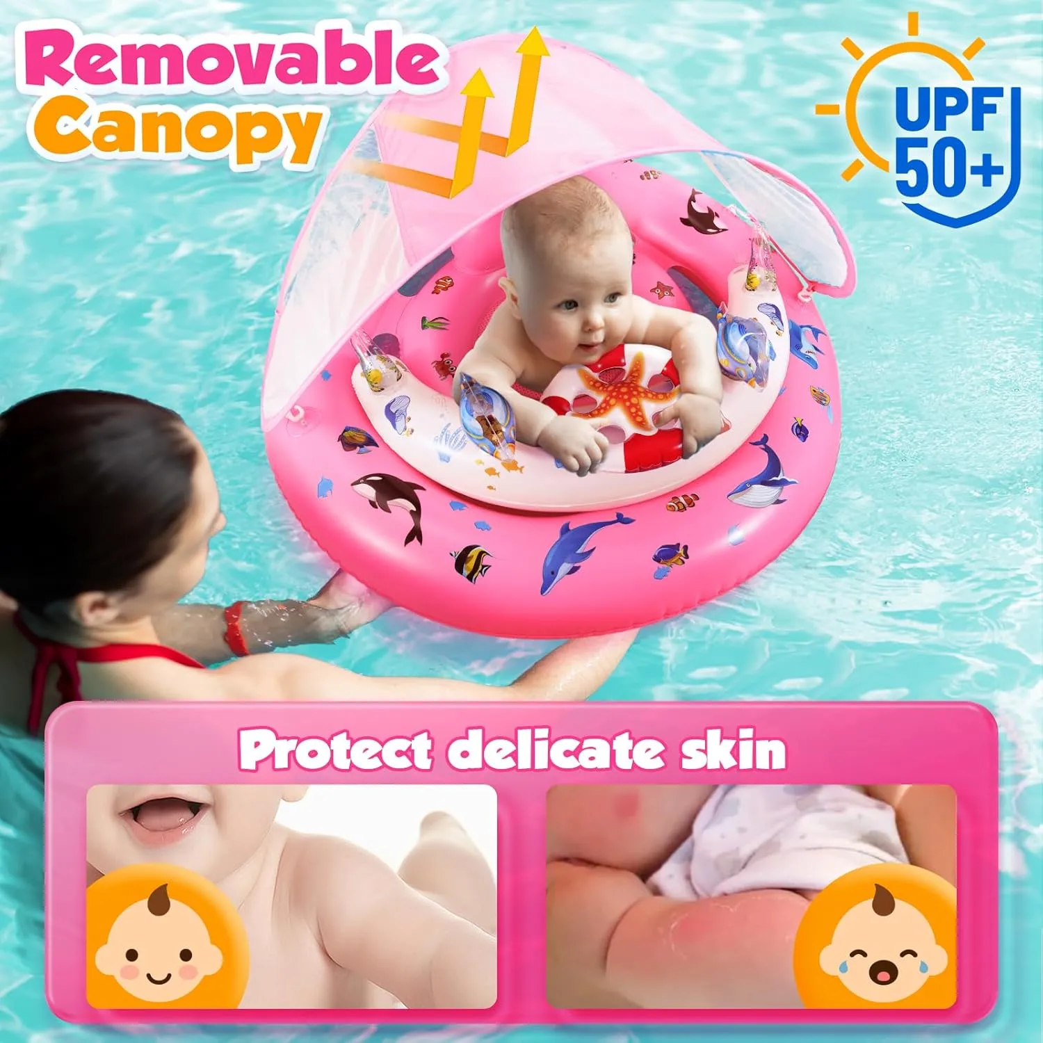 Baby Pool Float with Canopy UPF50  Sun Protection, Inflatable Kids Pool Floats with Toy Play Console for Baby 6-36 Months, Infant Swimming Float with Adjustable Safety Seat for Boys Girls