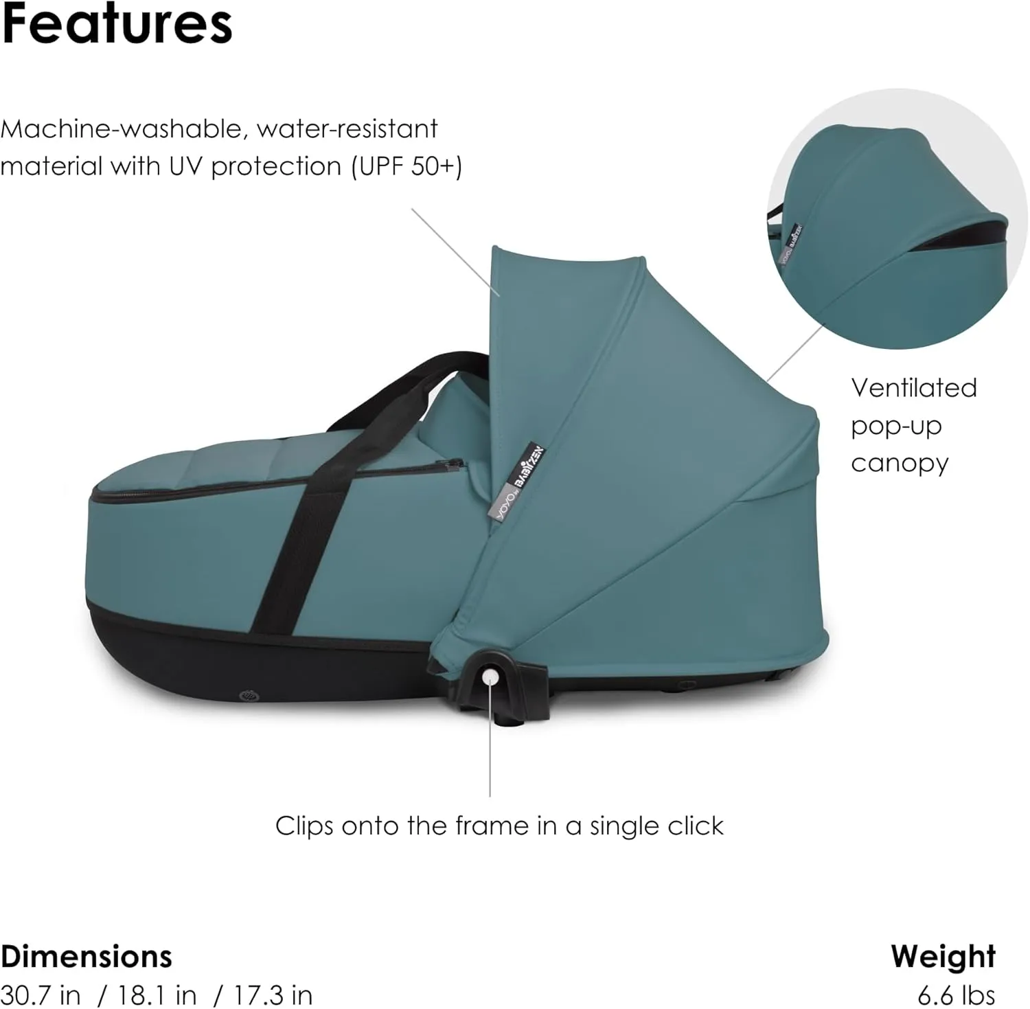 Babyzen YOYO 0  Bassinet, Aqua - Includes Thick Double Mattress, Ventilated Shell & Canopy - Requires YOYO2 Frame (Sold Separately)