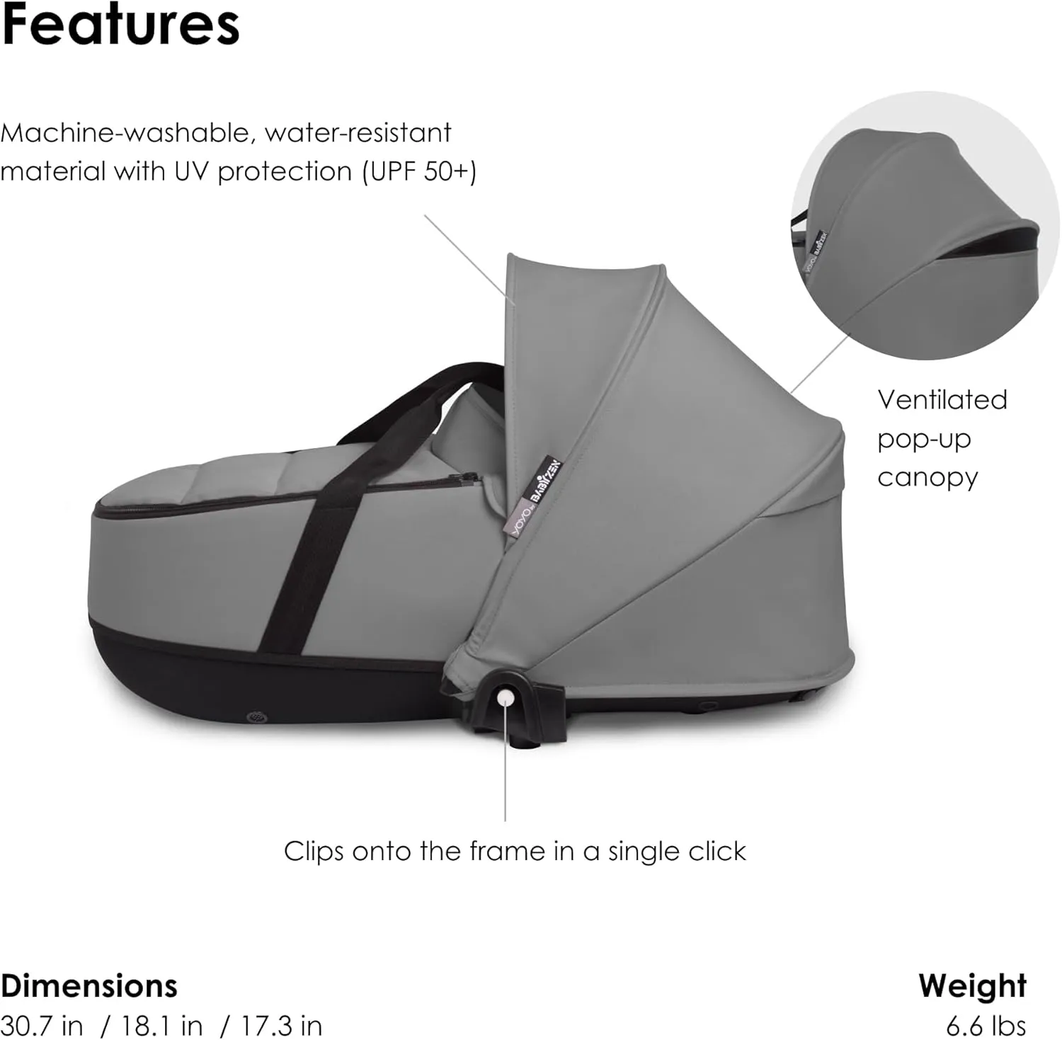 Babyzen YOYO 0  Bassinet, Grey - Includes Thick Double Mattress, Ventilated Shell & Canopy - Requires YOYO2 Frame (Sold Separately)