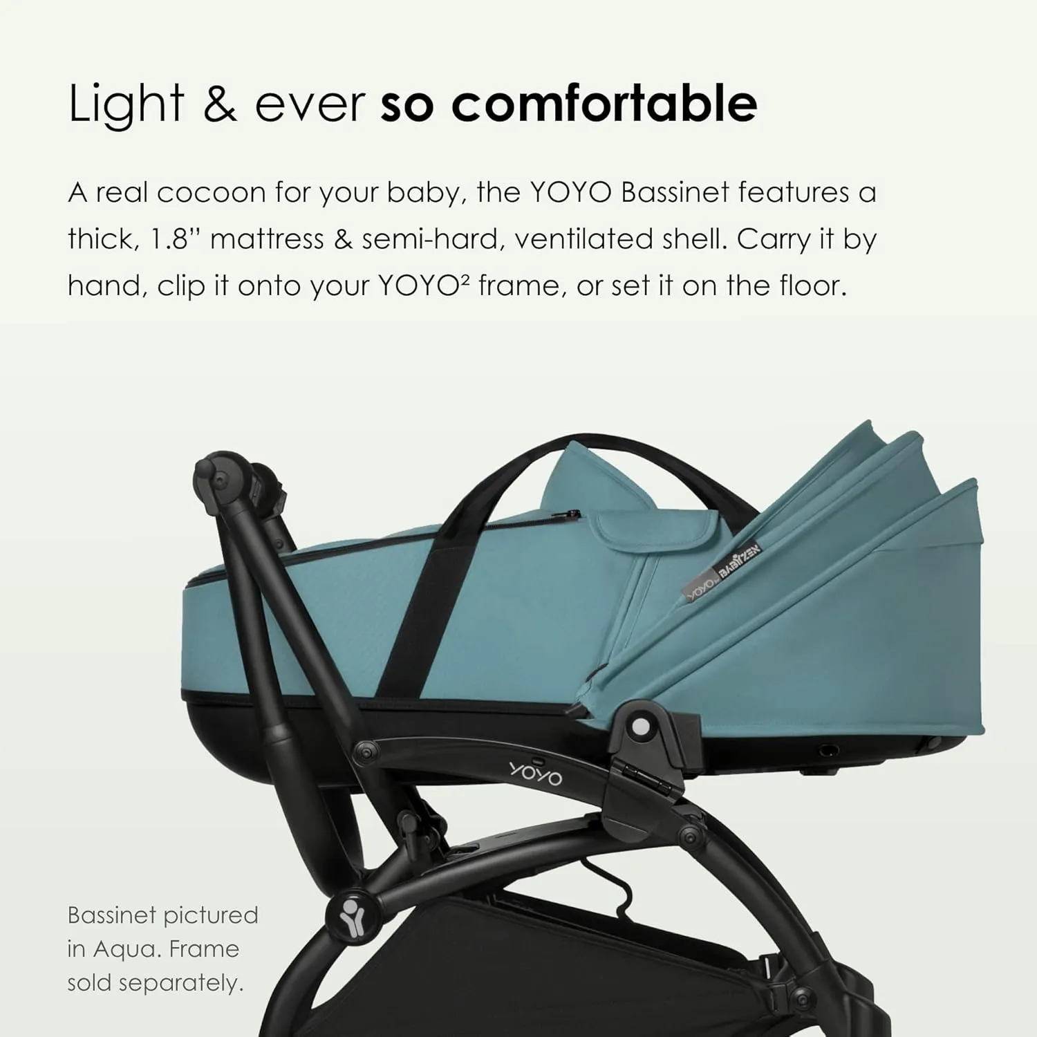 Babyzen YOYO 0  Bassinet, Grey - Includes Thick Double Mattress, Ventilated Shell & Canopy - Requires YOYO2 Frame (Sold Separately)