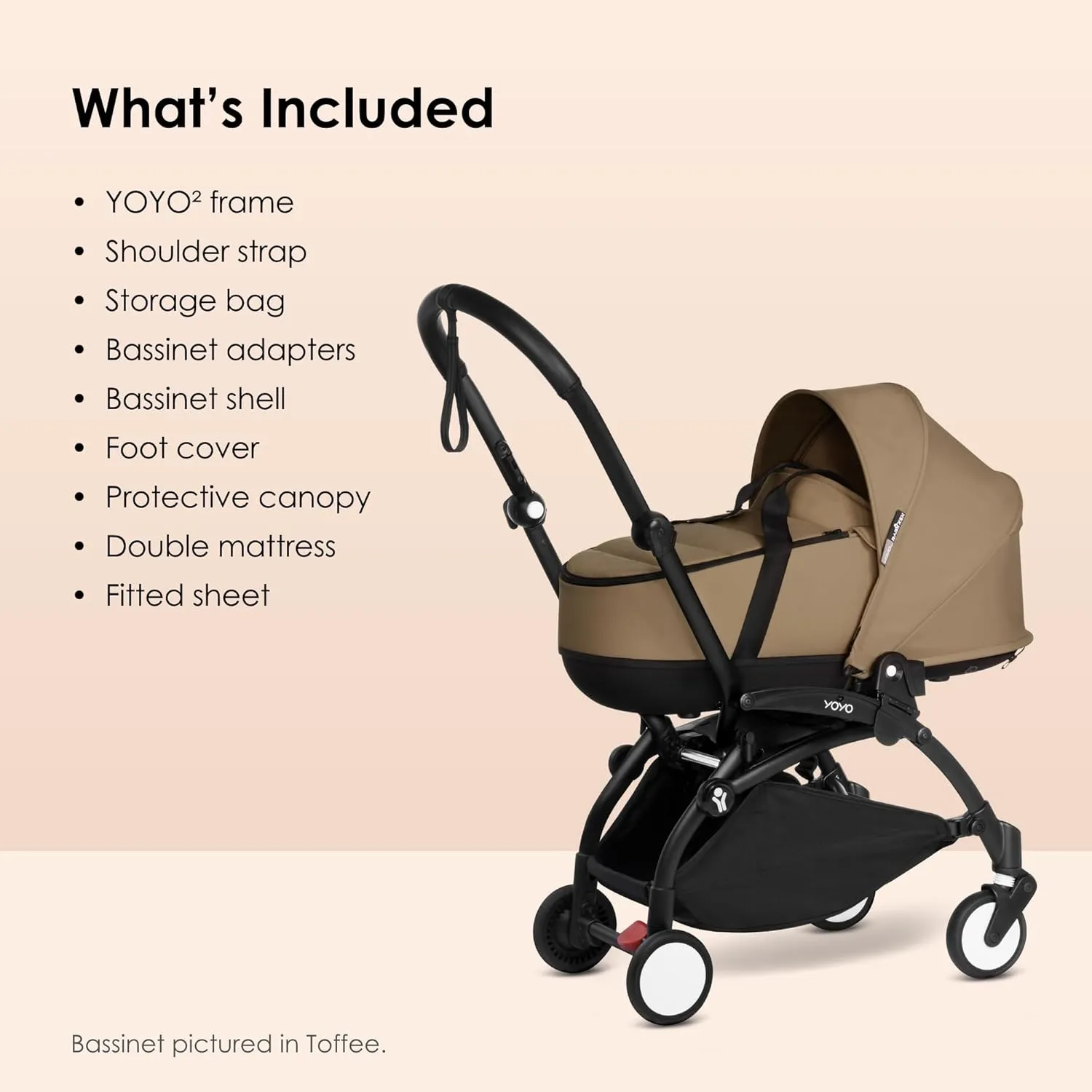 BABYZEN YOYO2 White Frame   Ginger Bassinet - Includes Thick Double Mattress, Ventilated Shell & Canopy