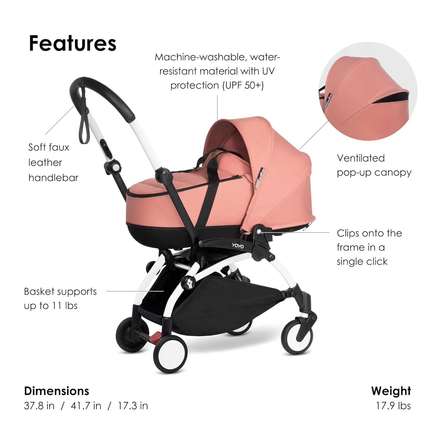 BABYZEN YOYO2 White Frame   Ginger Bassinet - Includes Thick Double Mattress, Ventilated Shell & Canopy