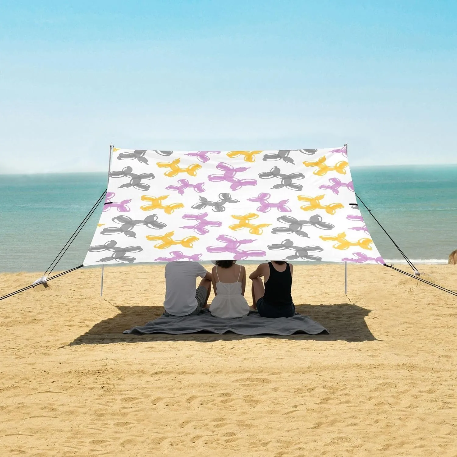 Balloon Dogs Seamless Pattern Beach Canopy Tent Anti-UV & Wind Resistant, Camping Sun Shelter Easy Setup Portable,Outdoor Shade Tents with Sandbags,Sand Shovels,Ground Pegs & Stability Poles