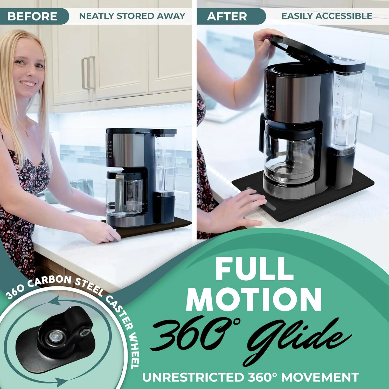 Bamboo Countertop Appliance Slider with 360' Wheels- Appliance Sliding Tray for Coffee Maker & Heavy Kitchen Appliances - Bamboo Rolling Tray, (7.5"x14.5" Black)