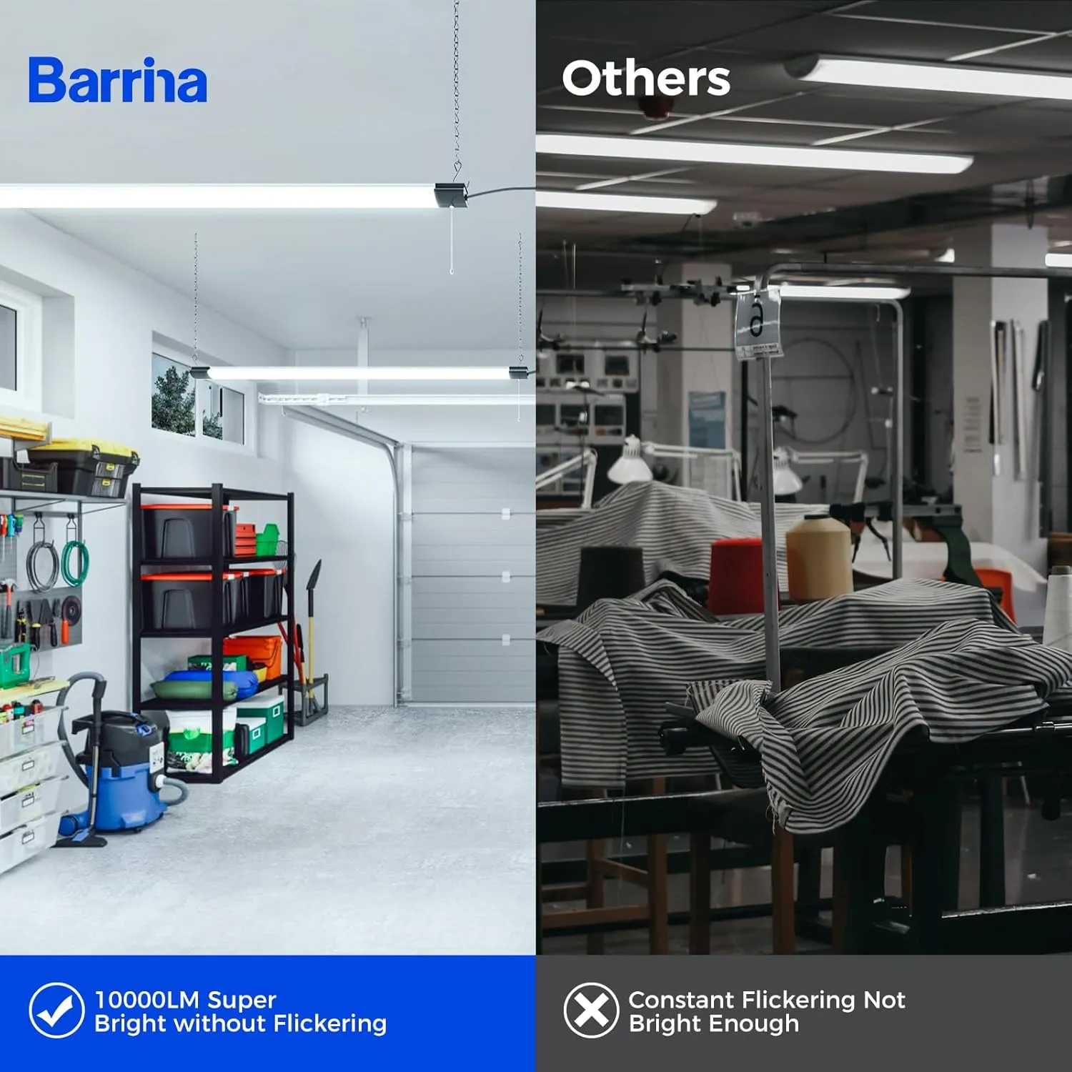 Barrina BS84 LED Shop Light for Garage, 10000LM, 84W, 4FT, 6500K Linkable Light Fixture for Workshop, Basement, Hanging or Flush Mount, Heat Dissipation, with Pull Chain Switch, ETL,1 Pack
