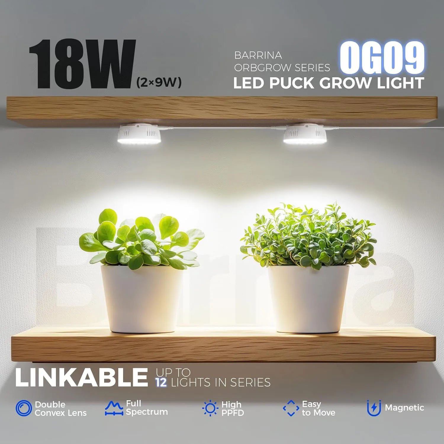 Barrina Orbgrow OG09 Puck Grow Light, 5000K 18W(2 x 9W, 270 Watt Equiv), Full Spectrum Plant Light for Indoor Plants, Magnetic & Linkable with Timer, 5 Levels Dimmable for Plant Shelf, 2 Packs