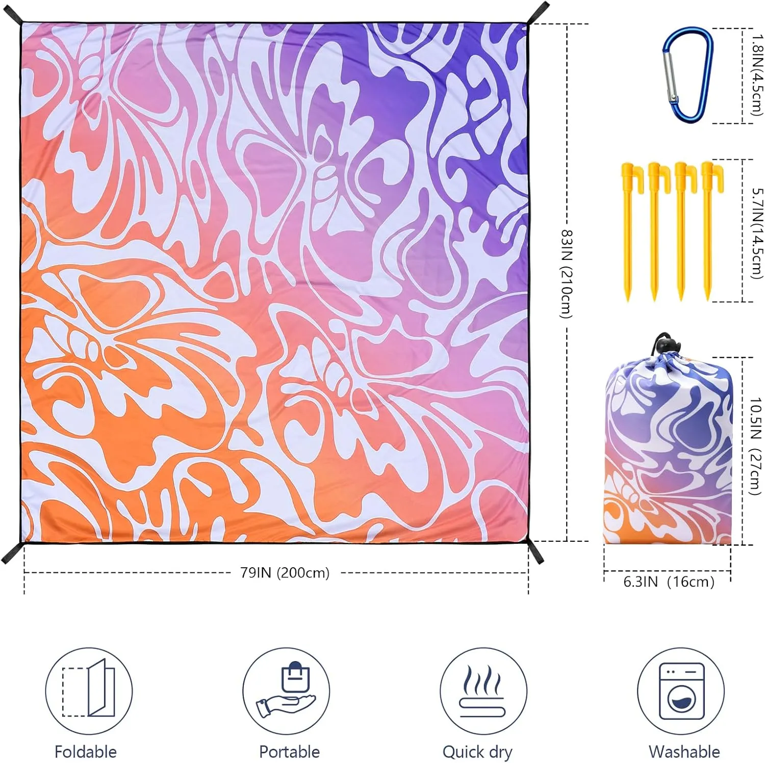 Beach Blanket Waterproof Sandproof Beach Mat 79" X 83" /10'x9'for 2-8 Adults Quick Drying Outdoor Picnic Mat Beach Accessories for Travel, Camping, Hiking