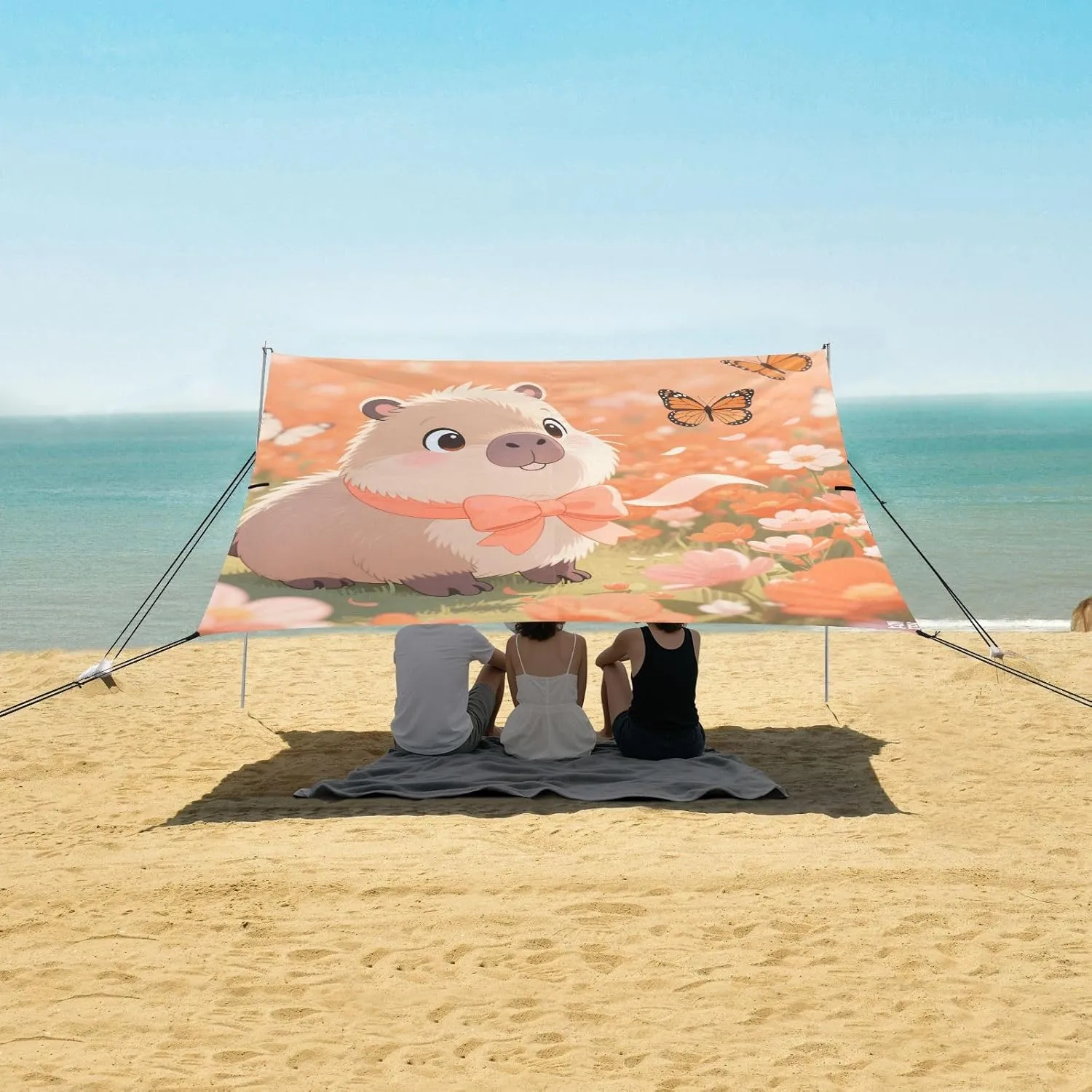 Beach Shade Tent with UPF50  UV Protection,Capybara with Butterflies Flowers Lightweight Camping Sun Shelter for Outdoor,Camping Trips, Fishing, Backyard,Picnics,Easy Set Up and Carry 9x10.5 FT