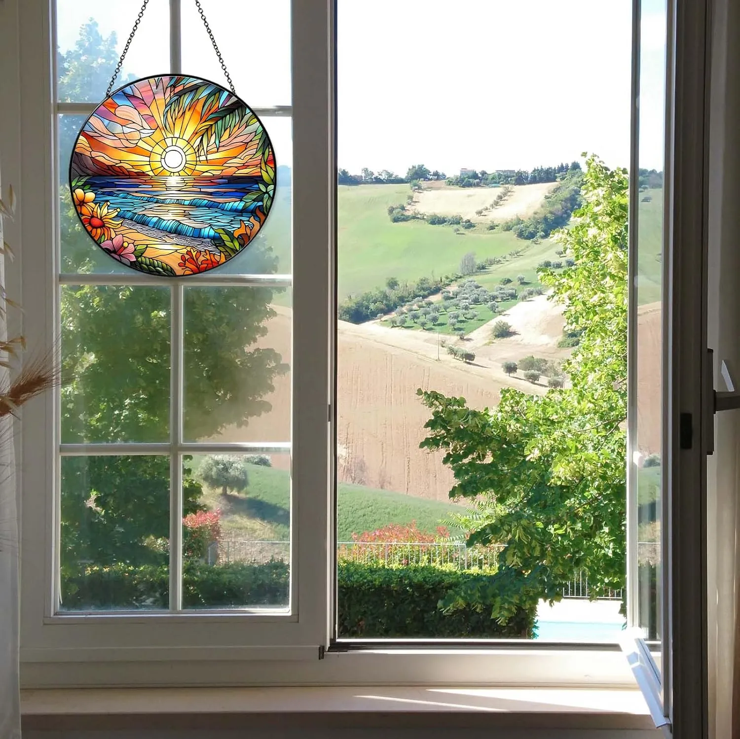 Beach Sunset Sun Catcher Stained Glass Window Hanging Beach Lovers Gifts for Women Wall Decor Landscape Decoration for Home Garden Housewarming Gifts