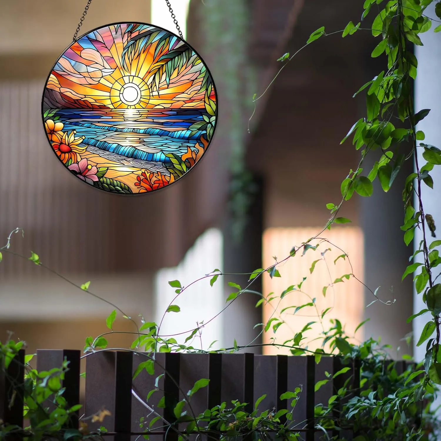 Beach Sunset Sun Catcher Stained Glass Window Hanging Beach Lovers Gifts for Women Wall Decor Landscape Decoration for Home Garden Housewarming Gifts