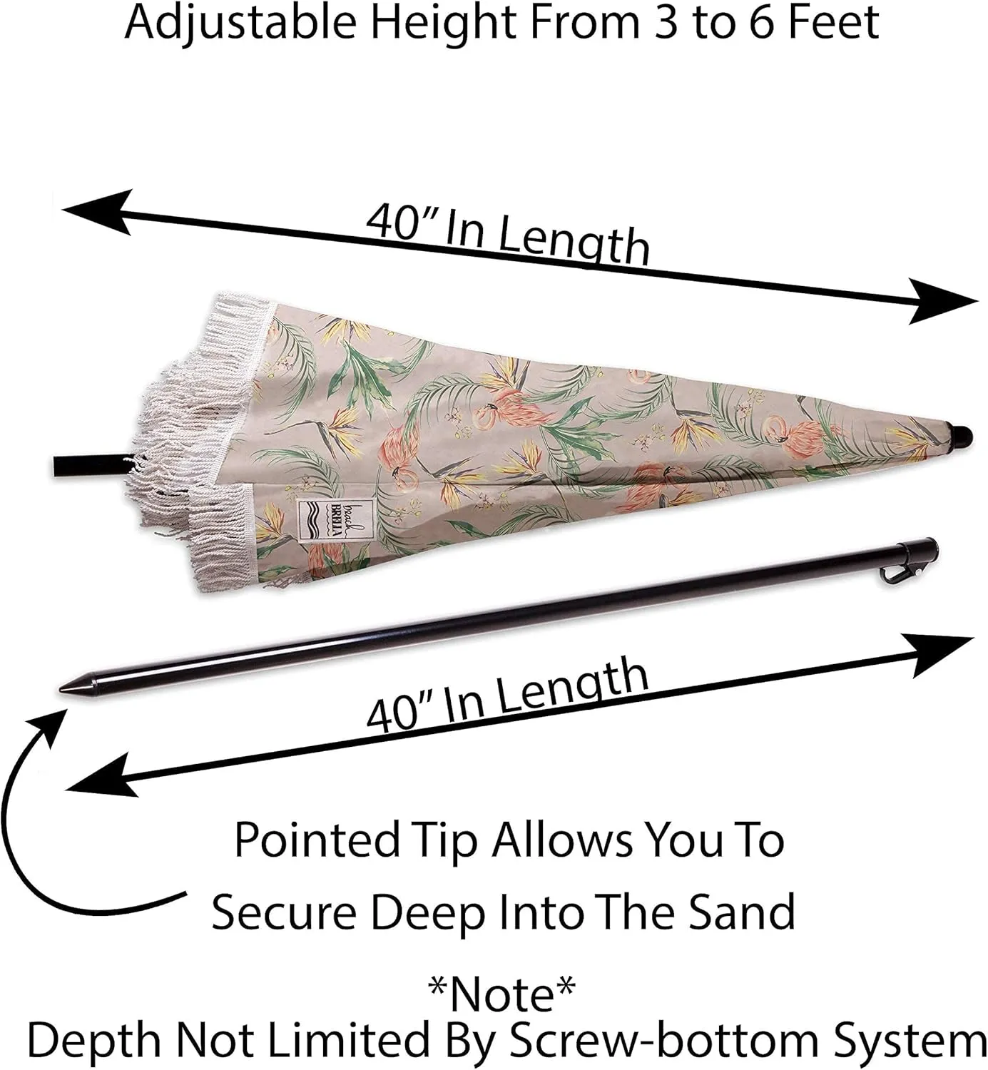 Beach Umbrella for Sand – Best Beach Umbrella Windproof with Sand Anchor Portable Sport Umbrella, Fringe, Denim Beach Umbrella Bag, Features Pointed Bottom & 100% UV Sun Protection – Bahama (Flamingo)