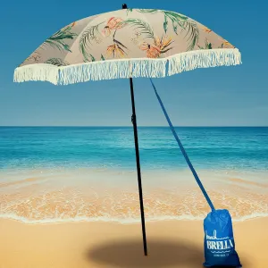 Beach Umbrella for Sand – Best Beach Umbrella Windproof with Sand Anchor Portable Sport Umbrella, Fringe, Denim Beach Umbrella Bag, Features Pointed Bottom & 100% UV Sun Protection – Bahama (Flamingo)