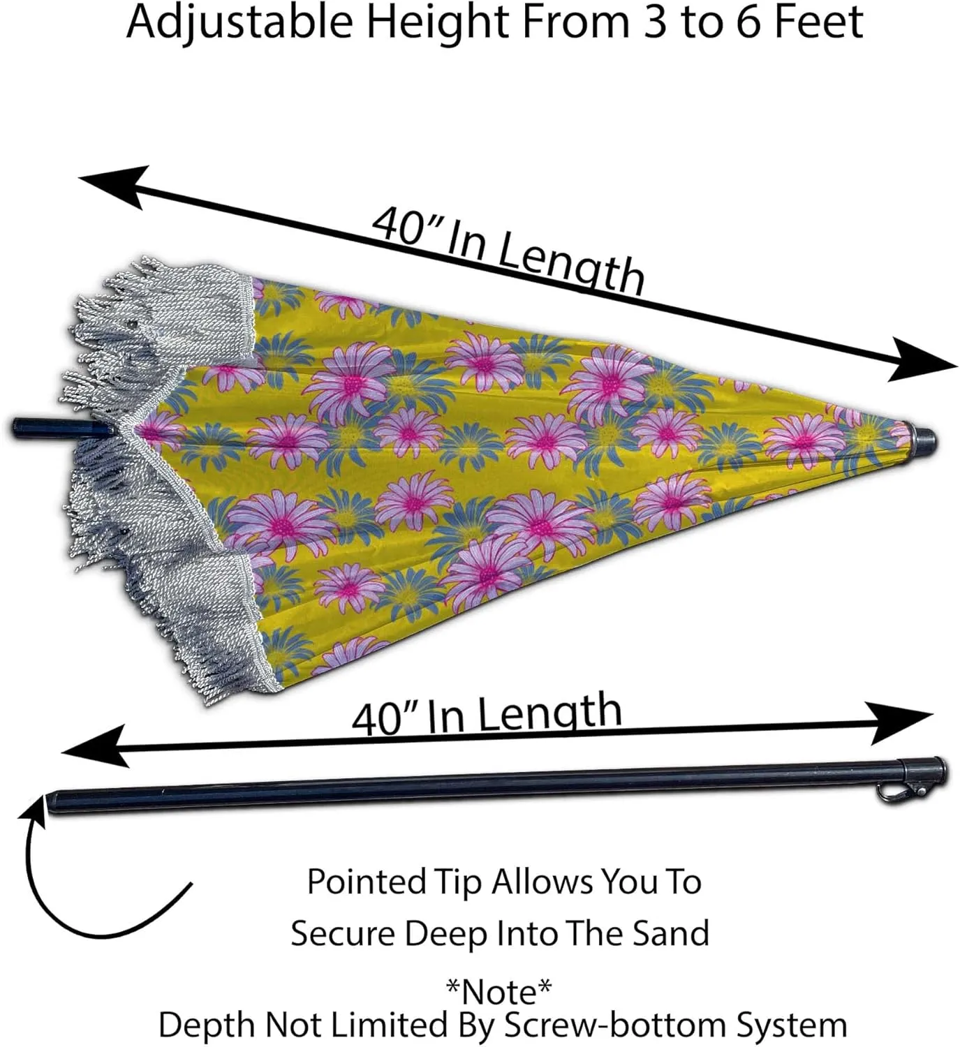 Beach Umbrella for Sand – Best Beach Umbrella Windproof with Sand Anchor Portable Sport Umbrella, Fringe, Denim Beach Umbrella Bag, Features Pointed Bottom & 100% UV Sun Protection – Bahama (Sunny