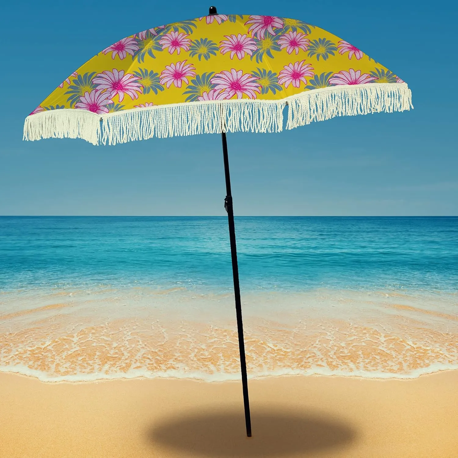 Beach Umbrella for Sand – Best Beach Umbrella Windproof with Sand Anchor Portable Sport Umbrella, Fringe, Denim Beach Umbrella Bag, Features Pointed Bottom & 100% UV Sun Protection – Bahama (Sunny