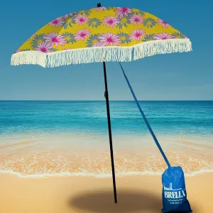 Beach Umbrella for Sand – Best Beach Umbrella Windproof with Sand Anchor Portable Sport Umbrella, Fringe, Denim Beach Umbrella Bag, Features Pointed Bottom & 100% UV Sun Protection – Bahama (Sunny