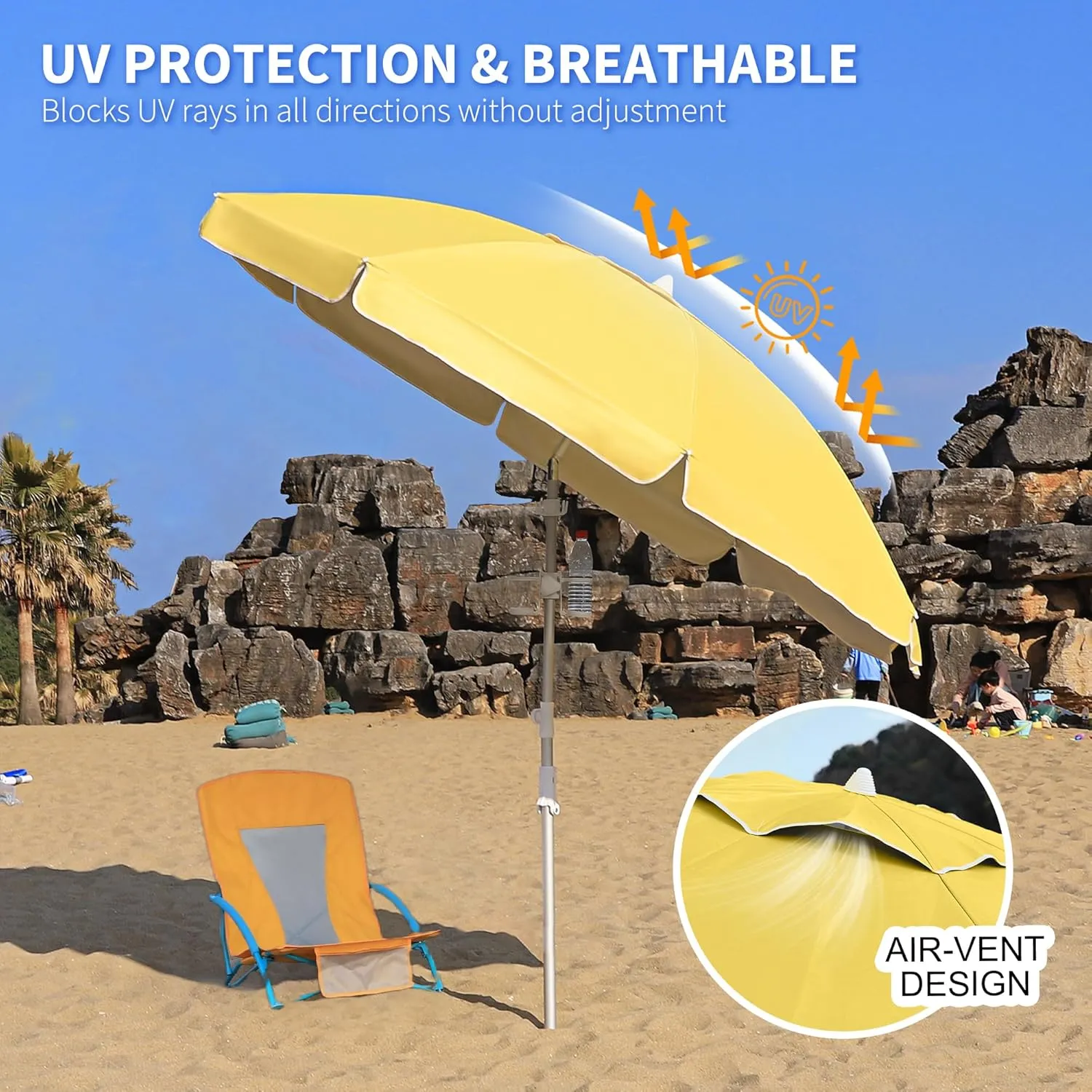 Beach Umbrellas for Sand,Portable Outdoor Windproof Sun Umbrella with Push Button Tilt and Air Vent,UPF 50  PU Coating for Patio Garden Pool Backyard