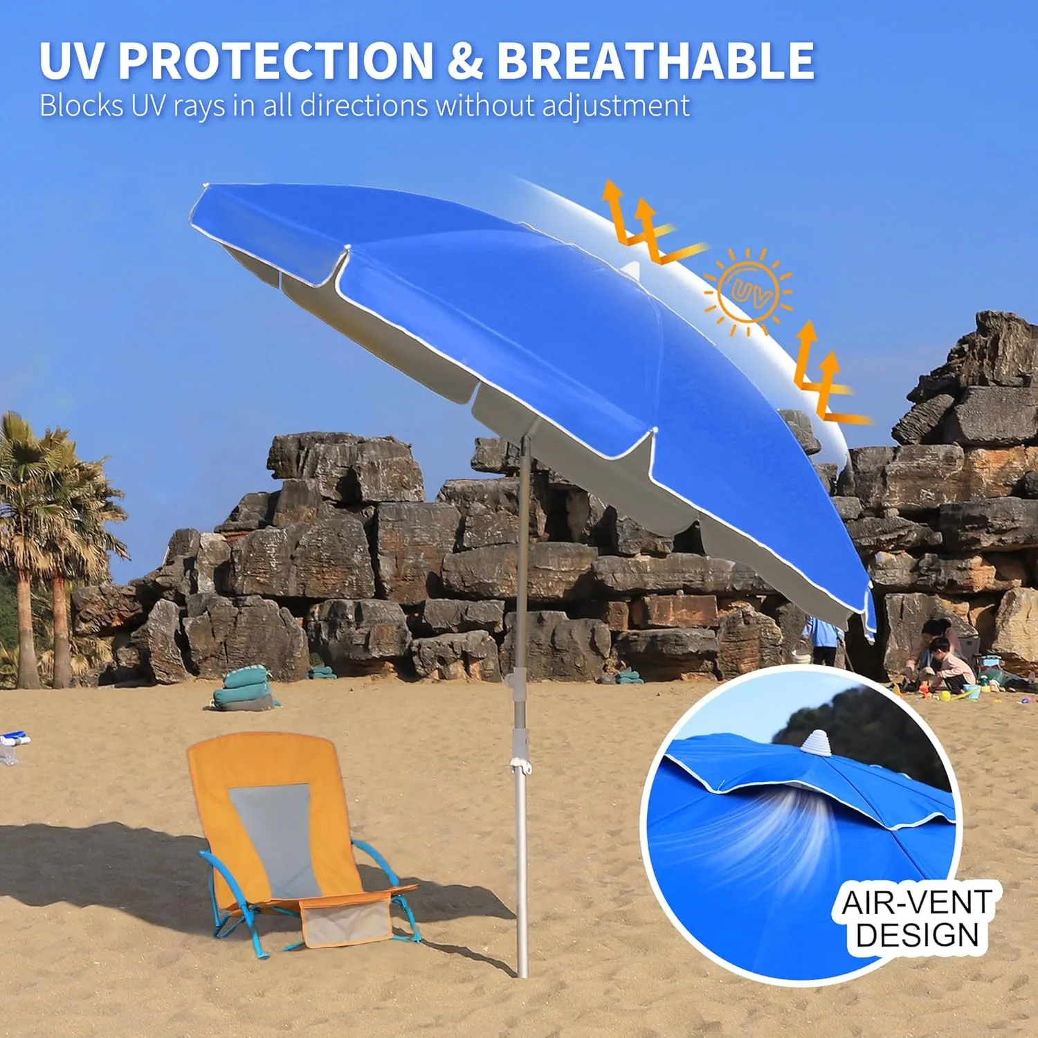 Beach Umbrellas for Sand,Portable Outdoor Windproof Sun Umbrella with Push Button Tilt and Air Vent,UPF 50  PU Coating for Patio Garden Pool Backyard
