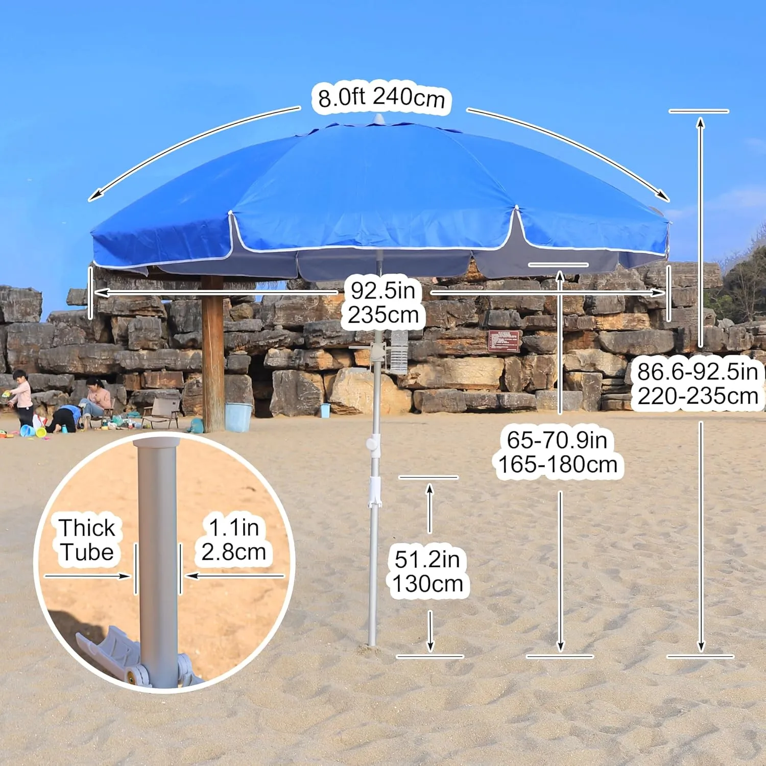 Beach Umbrellas for Sand,Portable Outdoor Windproof Sun Umbrella with Push Button Tilt and Air Vent,UPF 50  PU Coating for Patio Garden Pool Backyard