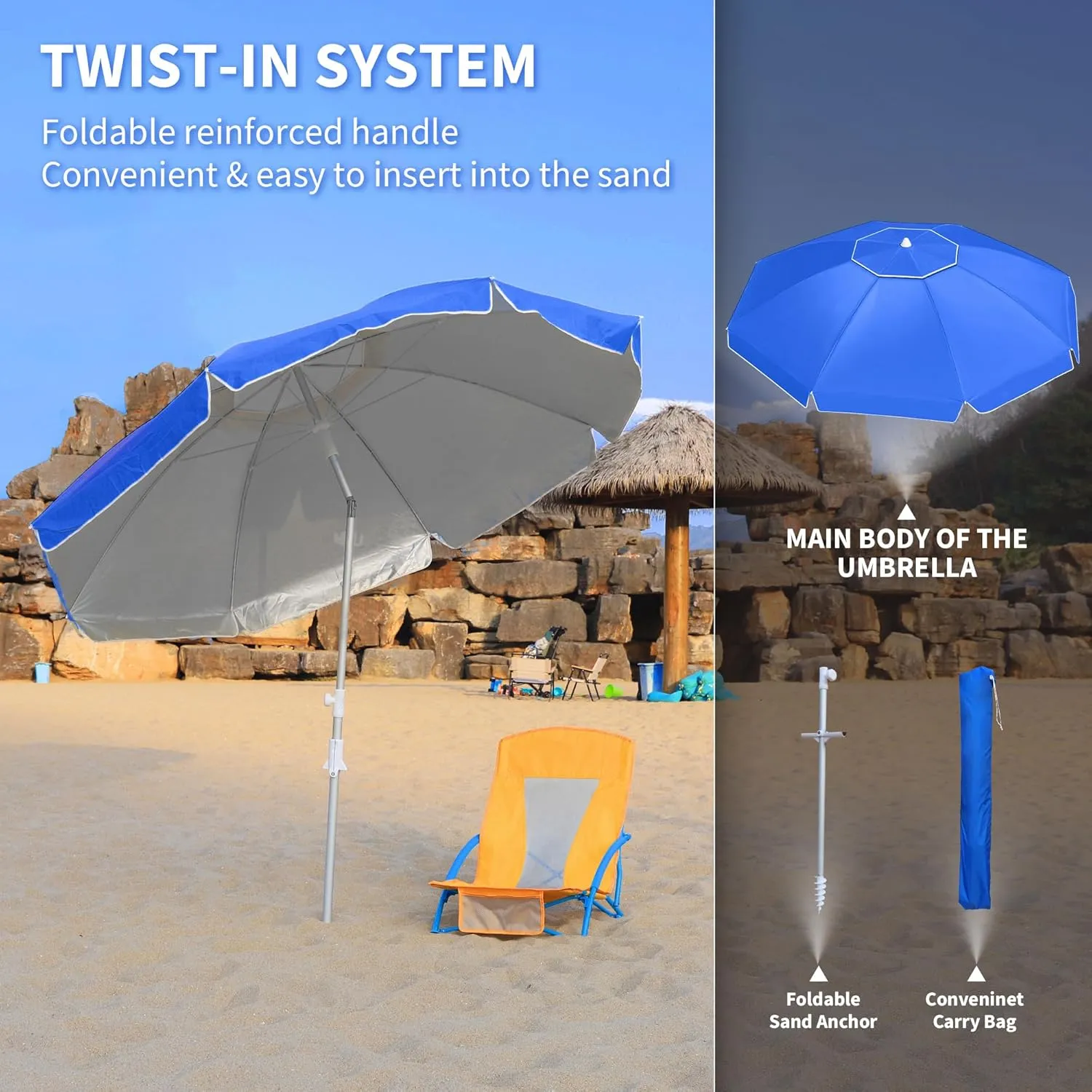 Beach Umbrellas for Sand,Portable Outdoor Windproof Sun Umbrella with Push Button Tilt and Air Vent,UPF 50  PU Coating for Patio Garden Pool Backyard