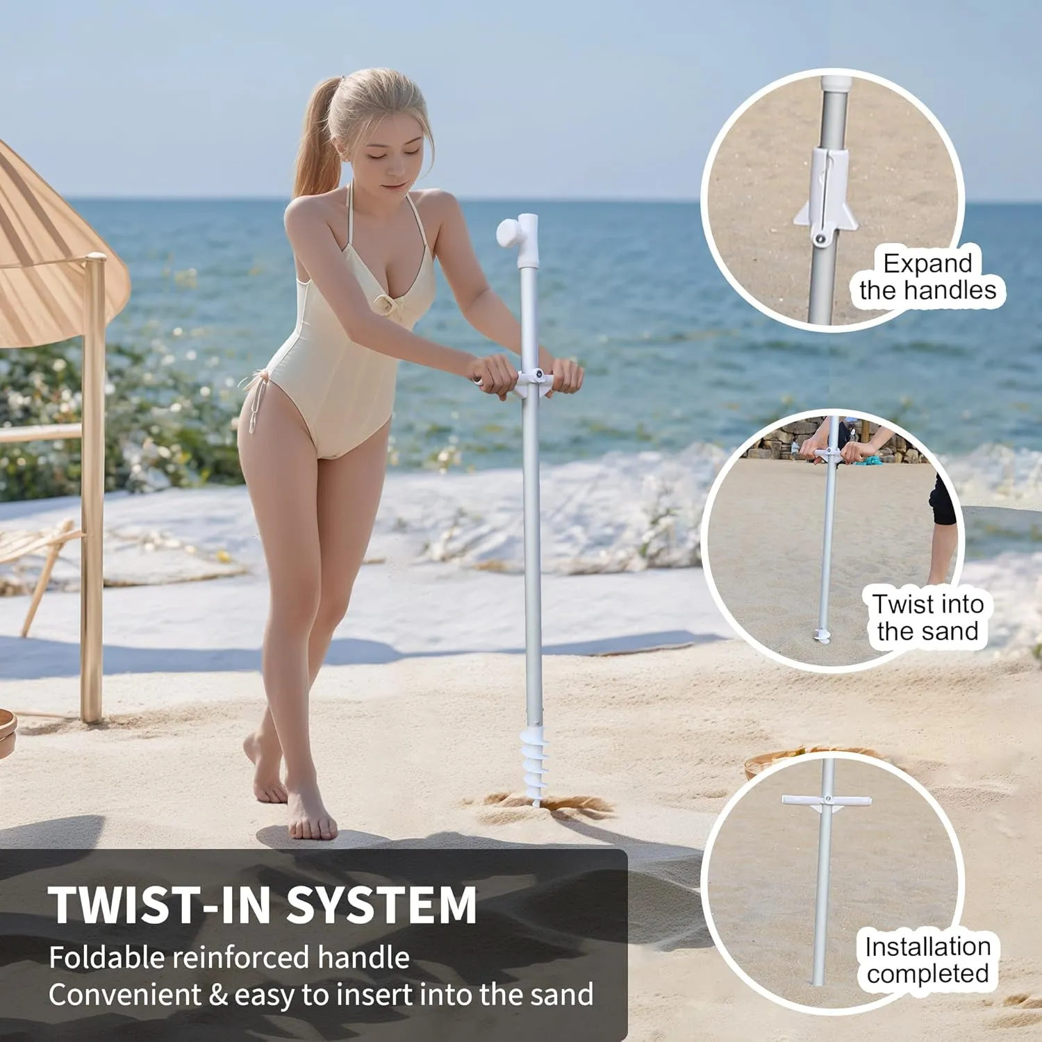 Beach Umbrellas for Sand,Portable Outdoor Windproof Sun Umbrella with Push Button Tilt and Air Vent,UPF 50  PU Coating for Patio Garden Pool Backyard
