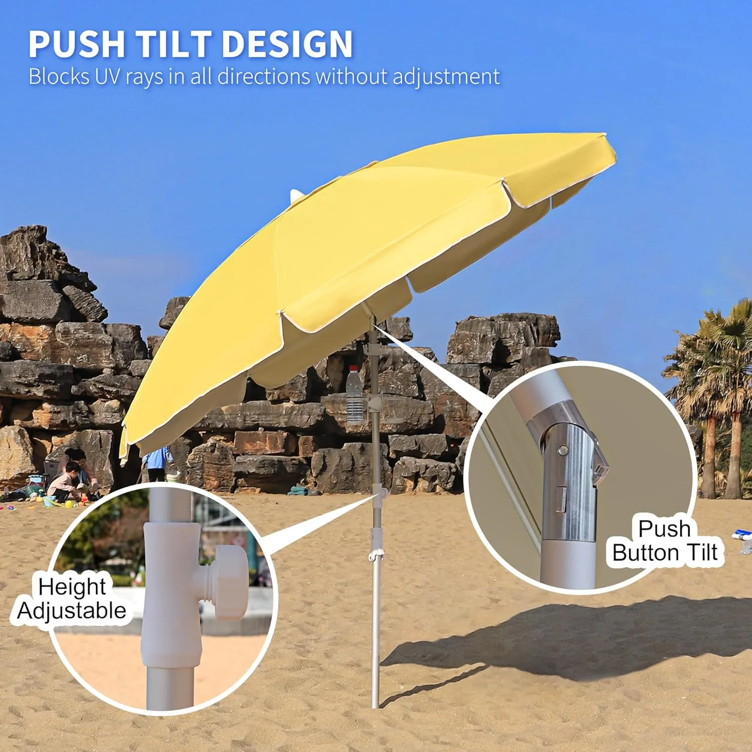 Beach Umbrellas for Sand,Portable Outdoor Windproof Sun Umbrella with Push Button Tilt and Air Vent,UPF 50  PU Coating for Patio Garden Pool Backyard