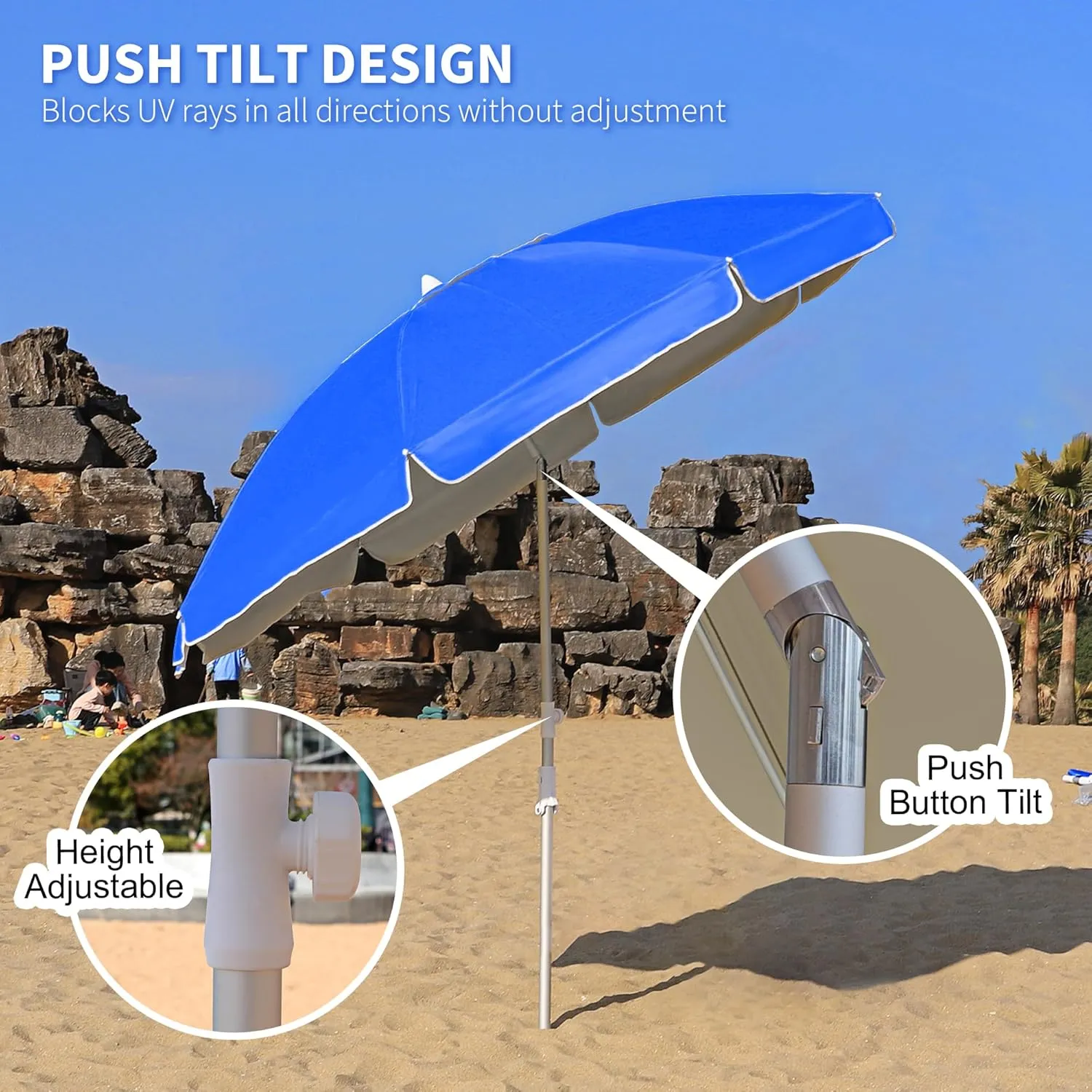 Beach Umbrellas for Sand,Portable Outdoor Windproof Sun Umbrella with Push Button Tilt and Air Vent,UPF 50  PU Coating for Patio Garden Pool Backyard