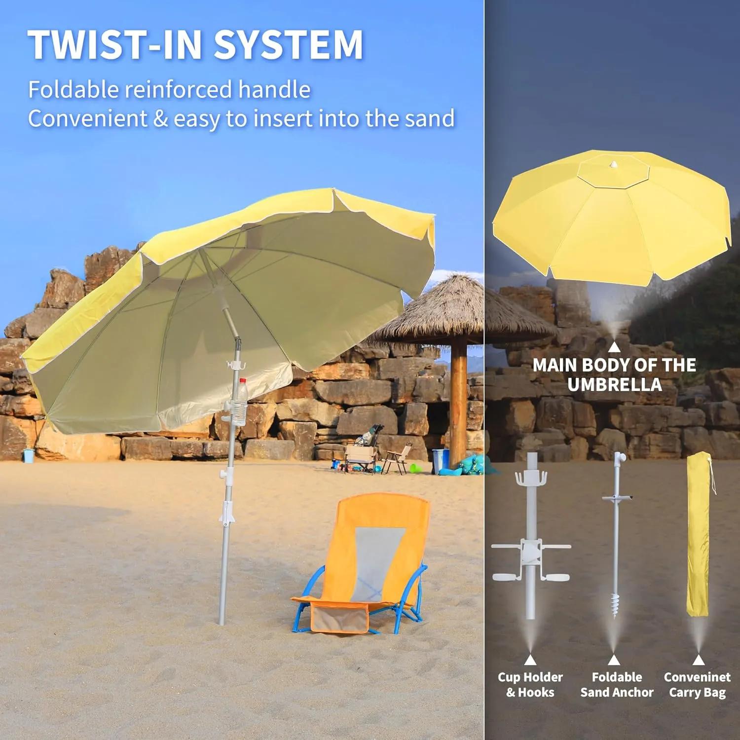 Beach Umbrellas for Sand,Portable Outdoor Windproof Sun Umbrella with Push Button Tilt and Air Vent,UPF 50  PU Coating for Patio Garden Pool Backyard