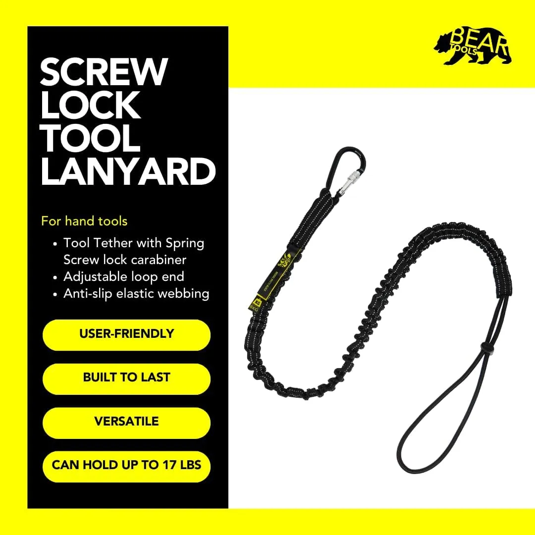 BearTOOLS Tool Lanyard with Single Carabiner and Adjustable Loop End, Standard Length, Maximum Weight Limit 8KG / 17.6lb, Aluminum Screw Lock Carabiner with Shock Cord Stopper, 0923S (3 Pack)